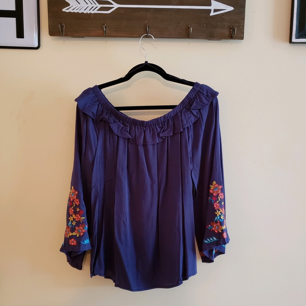 Navy Embroidered Bell Sleeve Top